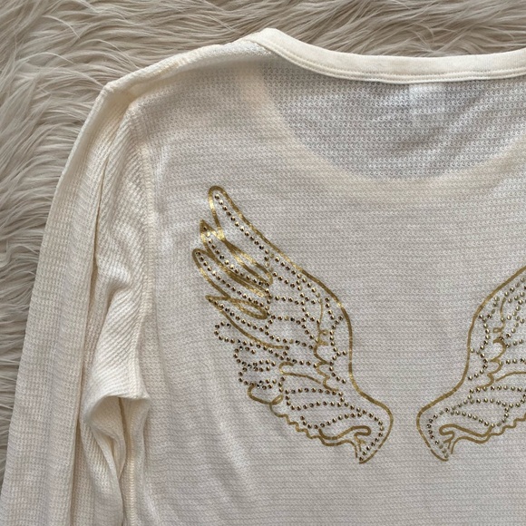 Victoria’s Secret Cream Gold Angel Wings Embellished Thermal Long Sleeve Pj Top - Picture 7 of 10